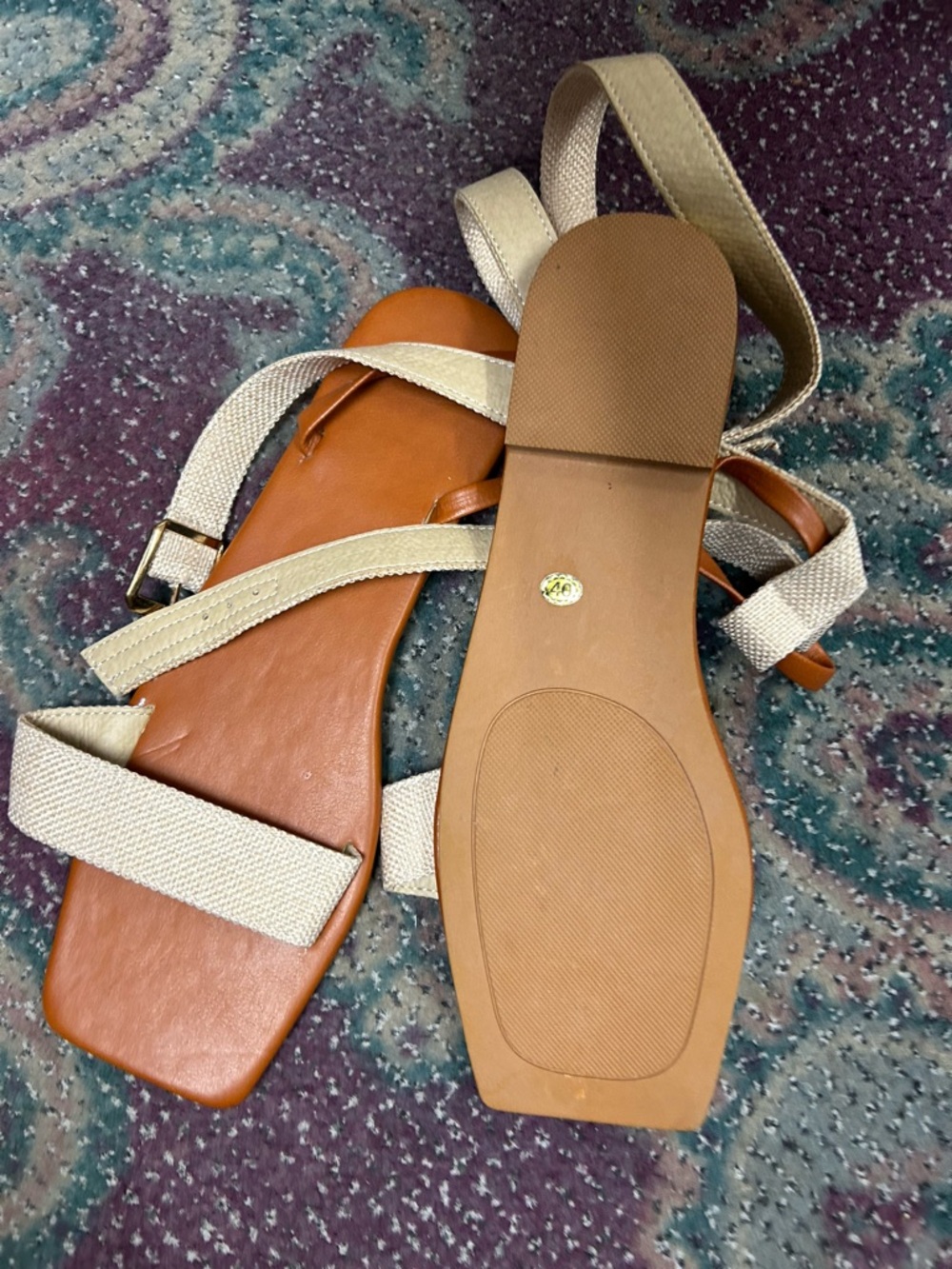 a.n.a Tan Leather Flat Sandals with Cream Straps